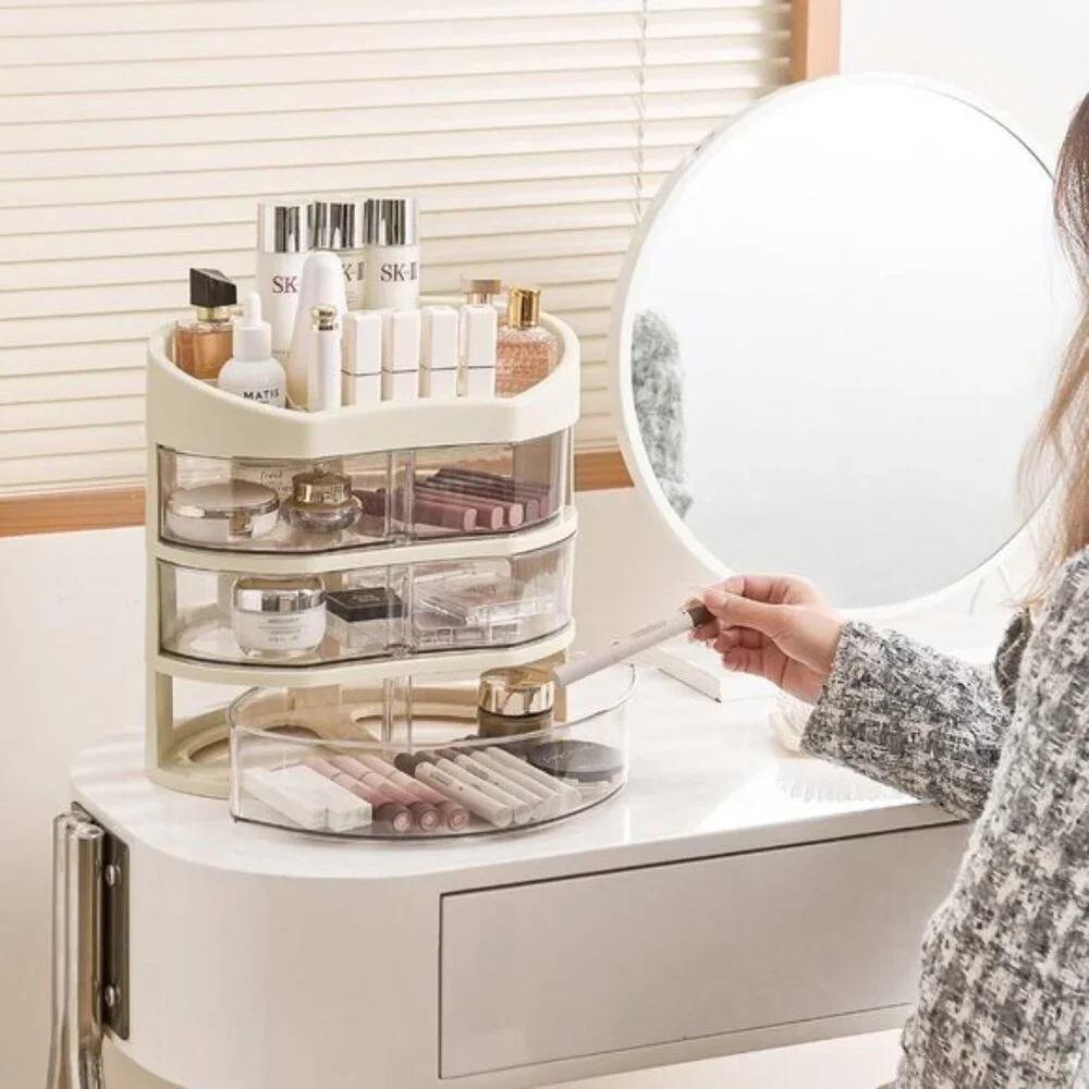 New 360° Rotating Makeup Organizer, Vanity Countertop with 2 Spacious Drawers